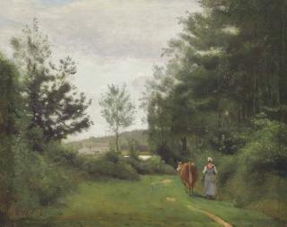 Jean-Baptiste-Camille Corot - Ville d\'Avray, paysanne cheminant avec sa vache