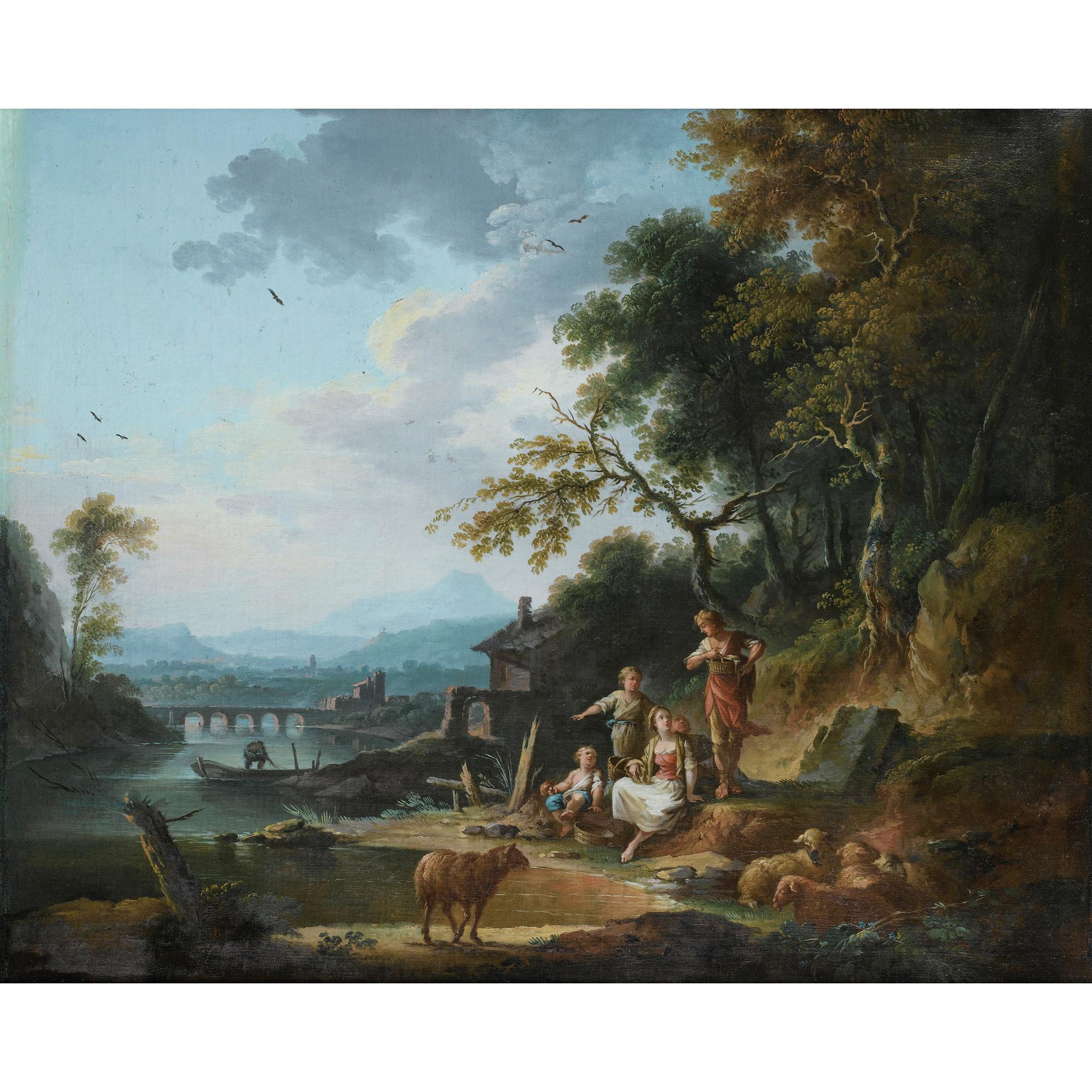 Jean-Baptiste-Charles Claudot - Le Repos D\'Une Famille De Paysans Dans Un Paysage De Rivière