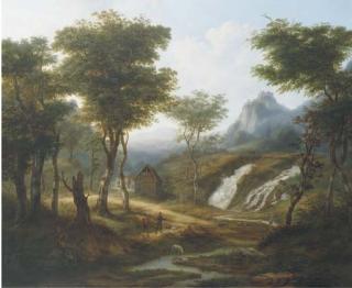 Jean Baptiste Charles Kops - Sportsmen by a waterfall in an extensive mountain landscape