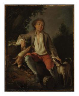 Jean-Baptiste Charpentier I - A young woman with a dog in a landscape; and a companion painting of a young hunter with a dog in a landscape