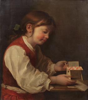 Jean-Baptiste Charpentier - A young boy building a house of cards in a carved and giltwood frame.