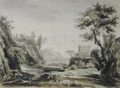 Jean-Baptiste-Claude Chatelain - A classical landscape in a harbor