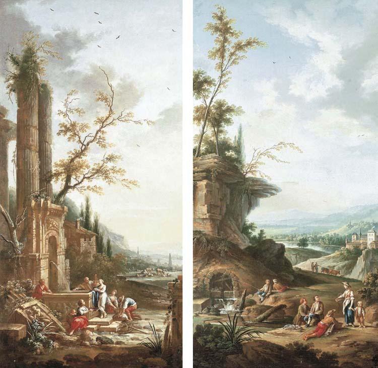 Jean-Baptiste Claudot - A landscape with peasants washing laundry at a fountain; and A landscape with peasants fishing and resting by a river