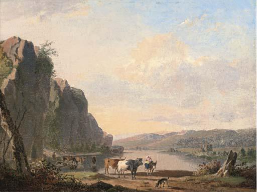 Jean-Baptiste de Jonghe - A mountainous landscape with cattle watering by a river