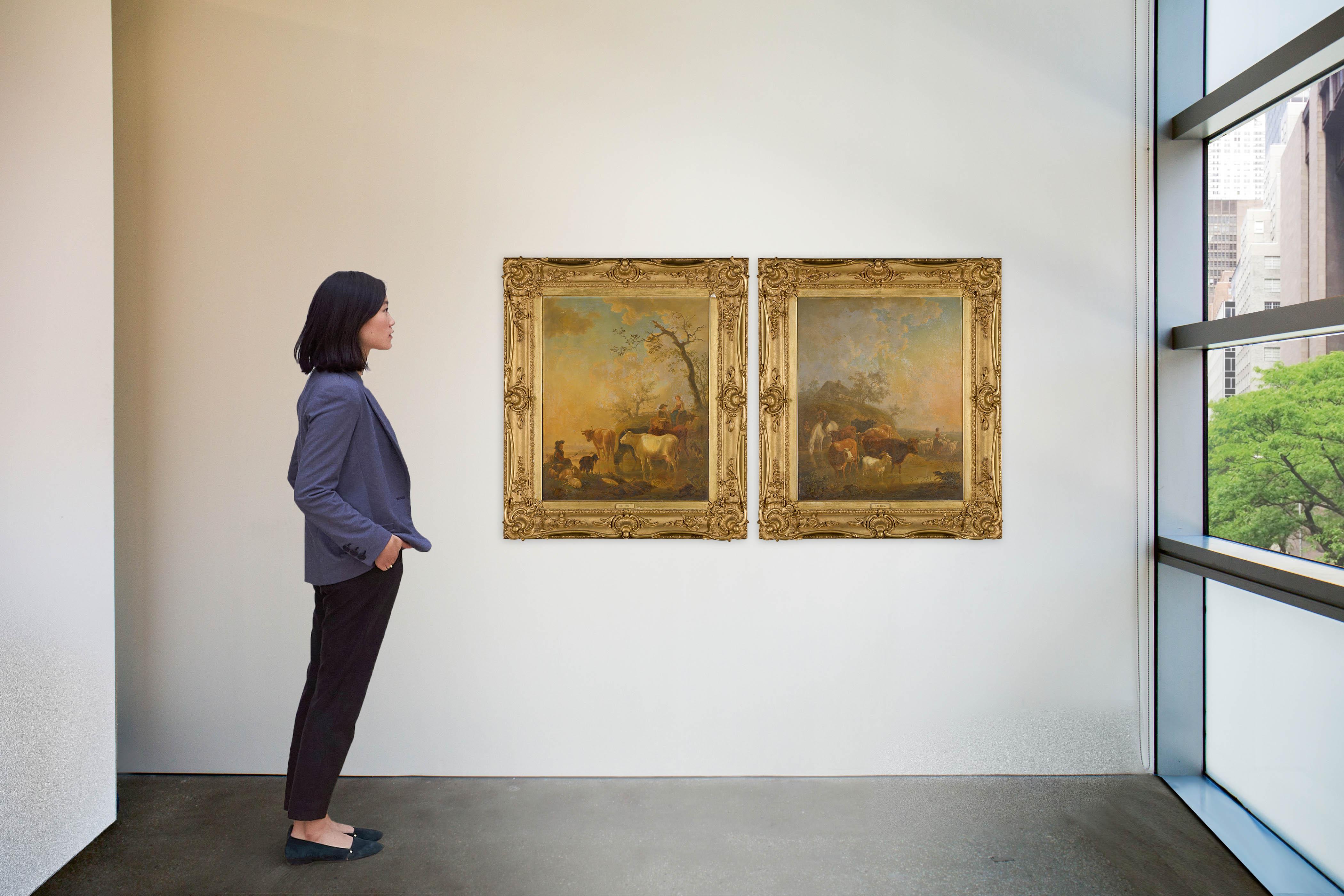 Jean Baptiste De Roy - A Pair Of Pastoral Landscapes With Shepherds And Cattle Watering