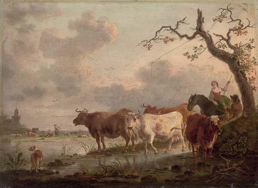 Jean-Baptiste de Roy - An extensive landscape with herdsmen and cattle watering at a stream