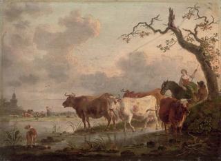Jean-Baptiste de Roy - An extensive landscape with herdsmen and cattle watering at a stream