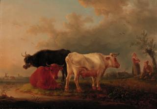 Jean-Baptiste De Roy - Cattle on a river bank, drovers conversing beyond; and Cattle and sheep on a river bank, a farmstead, shepherd and traveller beyond