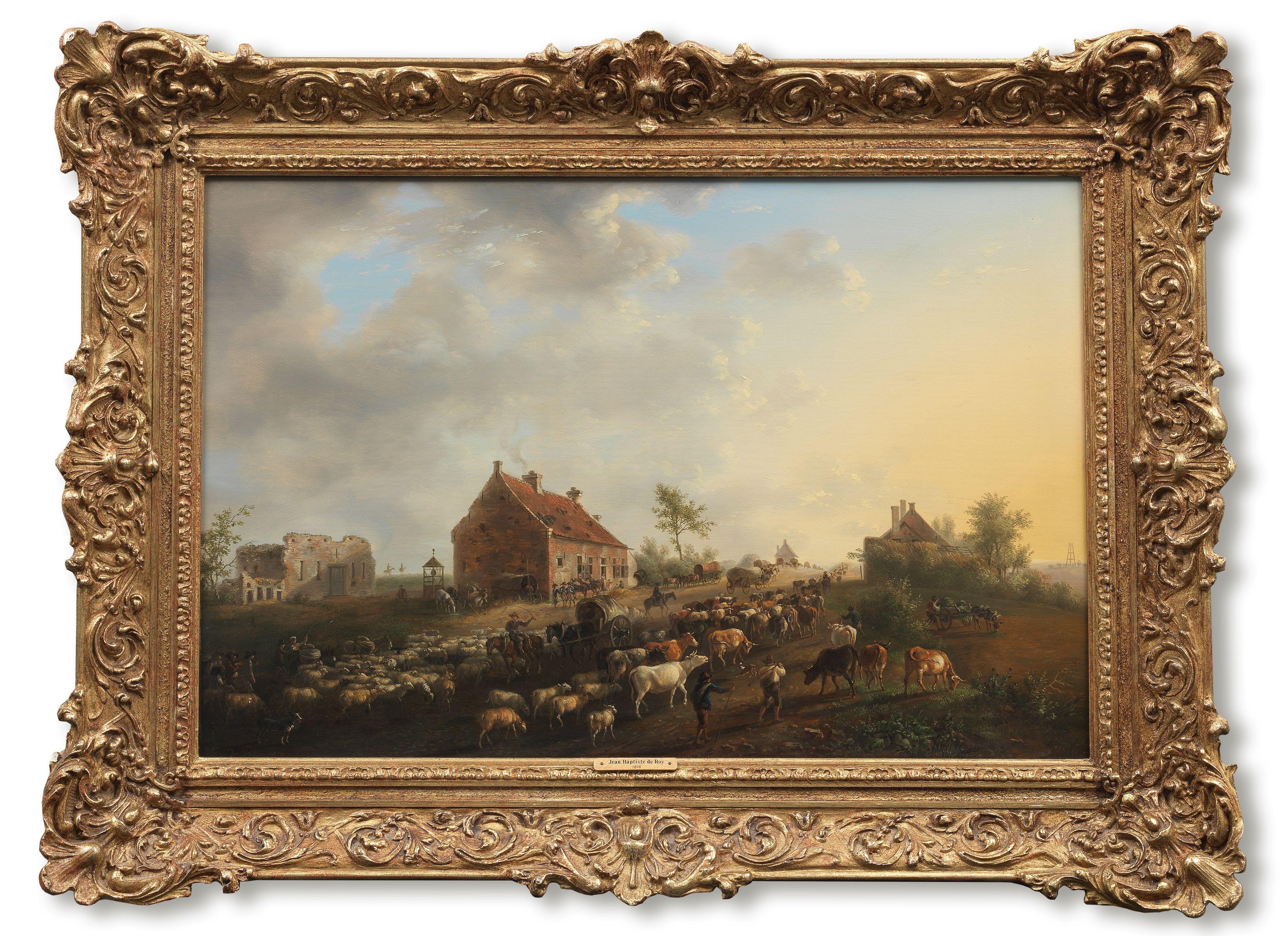 Jean-Baptiste De Roy - Sheep and cattle being led to market at sunrise; and A cattle market in a small town (2)