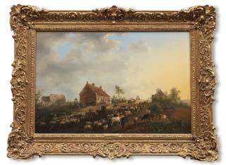 Jean-Baptiste De Roy - Sheep and cattle being led to market at sunrise; and A cattle market in a small town (2)