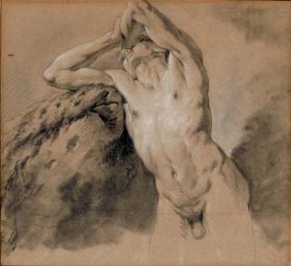 Jean-Baptiste Descamps - Homme nu appuyé contre un rocher, les mains sur la tête