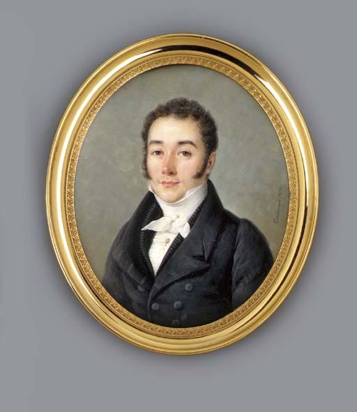 Jean-Baptiste Désiré Troivaux - A young gentleman, facing left in black coat and waistcoat, white shirt and frilled cravat, gold stick pin