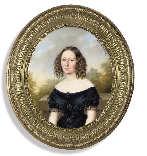 Jean-Baptiste-Désiré Troivaux - A young lady, in black dress with white lace trim at collar, black lace trim at sleeves, black rosette at corsage, waist and another in between, her fair hair dressed in ringlets; plinth, tree and sky background