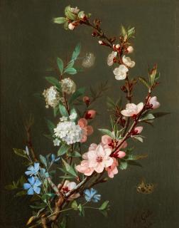 Jean-Baptiste Gallet - A Still Life With Branches Of Cherry Blossom, Periwinkle And Viburnum Together With A Butterfly