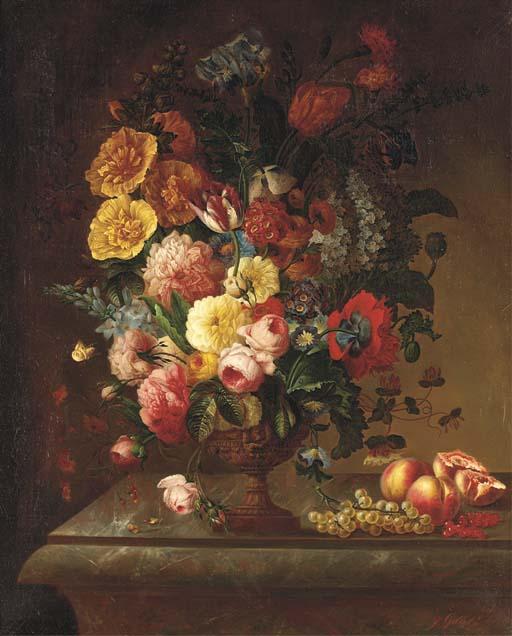 Jean Baptiste Gallet - Tulips, roses, an iris, morning glory, a hydrangea and other flowers in a classical urn on a plinth with grapes, redcurrants, peaches and a pomegranate