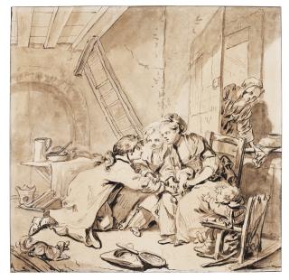 Jean-Baptiste Greuze - A Rustic Interior With Three Children Reaching Into A Pot