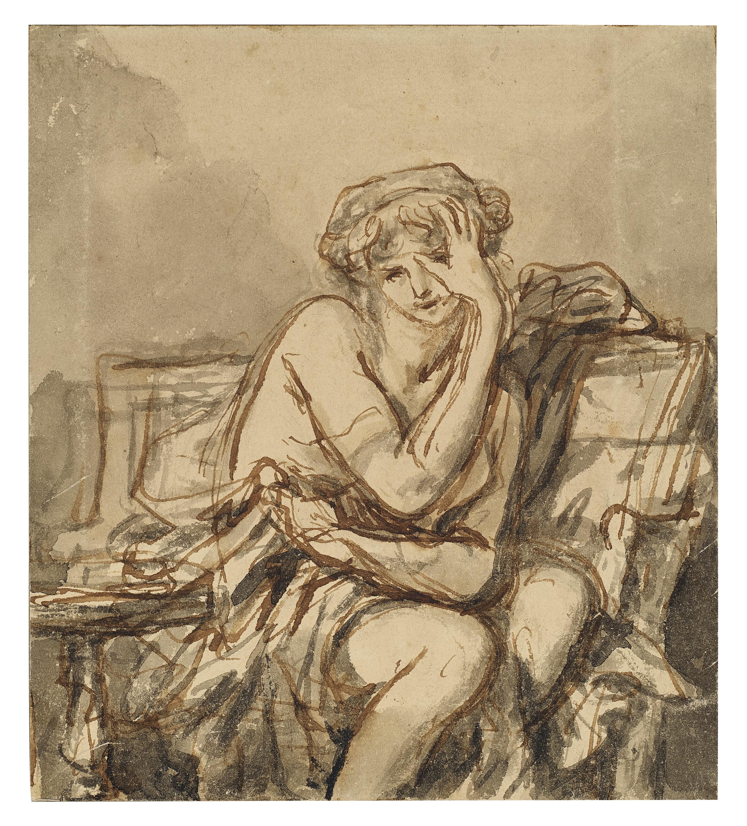 Jean-Baptiste Greuze - A seated young woman clasping her forehead (recto); A reclining woman, bust-length, her arm raised to her head (verso)