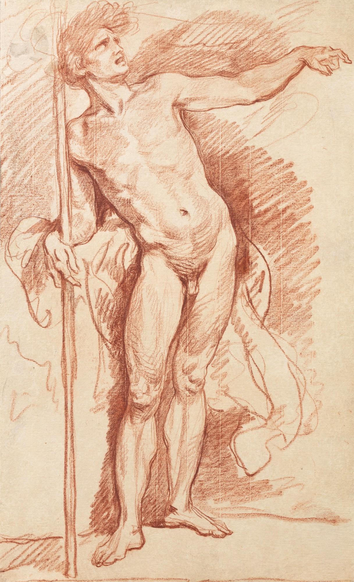 Jean-Baptiste Greuze - A standing male nude looking to the right, his left arm outstretched