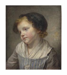 Jean-Baptiste Greuze - A young girl, bust-length, in a blue and white striped pinafore with grey sleeves and a black lace bonnet