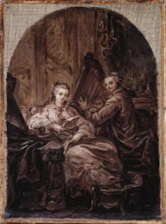 Jean-Baptiste Greuze - An interior with a man playing a harp and a woman reading beside him; a study for the portrait of Ange-Laurent de La Live de Jully