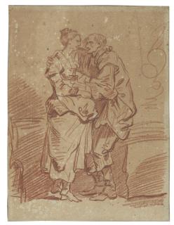 Jean-Baptiste Greuze - An old man with a bag of money embracing a young woman