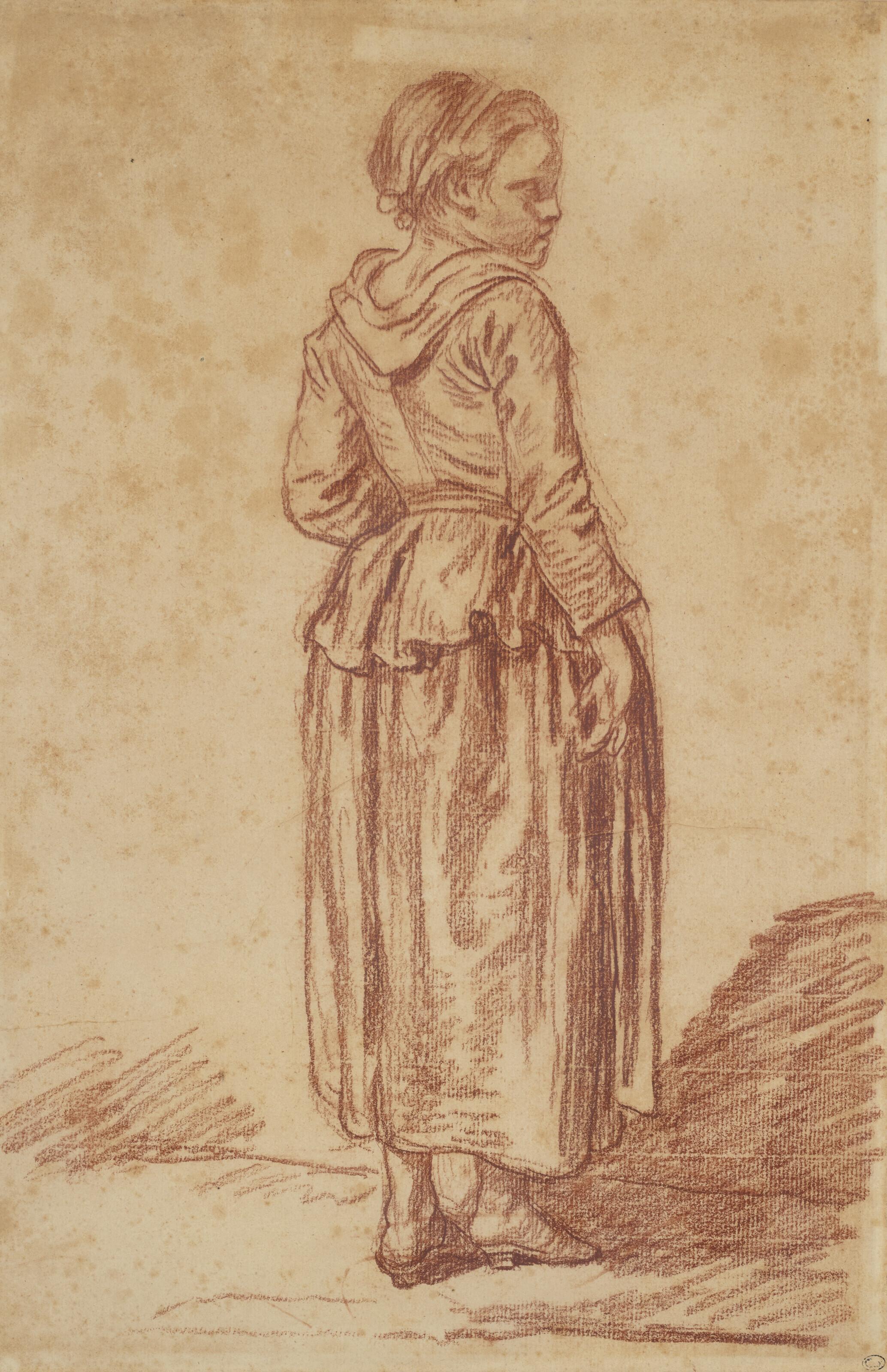 Jean-Baptiste Greuze - Étude de jeune fille, en pied, vue de dos, la tête tournée vers la droite