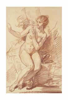 Jean-Baptiste Greuze - Femme nue assise effrayée, regardant vers la gauche