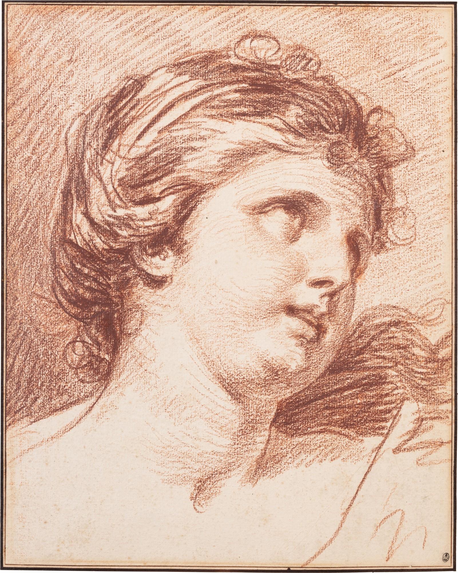 Jean-Baptiste Greuze - Head study of a young woman looking up to the right