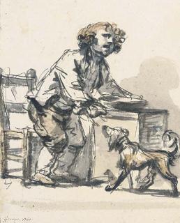 Jean-Baptiste Greuze - L\'Enfant Gâté: A Boy Standing At A Table Feeding A Dog With A Spoon