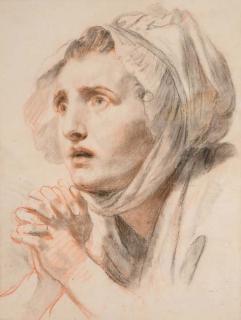 Jean-Baptiste Greuze - Portrait d\'une jeune femme les mains jointes, vue de trois-quarts tournée vers la gauche