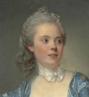 Jean-Baptiste Greuze - Portrait of a lady, bust-length, in an embroidered blue dress with a white lace ribbon tied in a bow at her neck