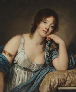 Jean Baptiste Greuze - Portrait of Jeanne Philiberte Ledoux (1767–1840), half-length, in a white dress with a blue shawl, and holding a garland of flowers