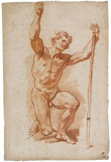 Jean-Baptiste Greuze - Recto: Kneeling Male Nude Holding A Staff Verso: A Further Study Of A Male Nude, His Arms Upraised