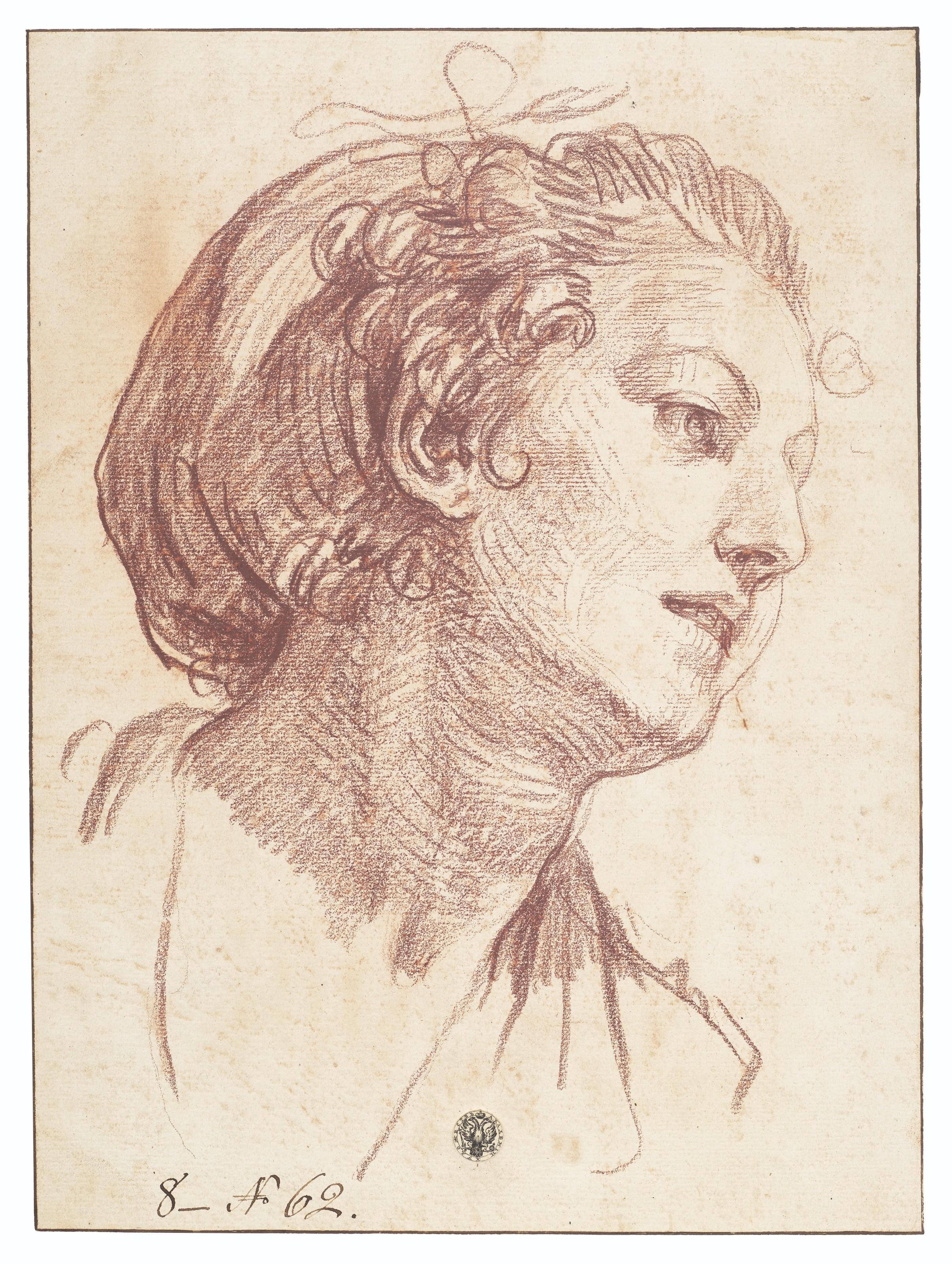 Jean-Baptiste Greuze - Study of the head of a woman looking to the right, her hair in a cap