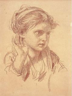 Jean-Baptiste Greuze - Tête de jeune fille tournée vers la droite, la main derrière l\'oreille