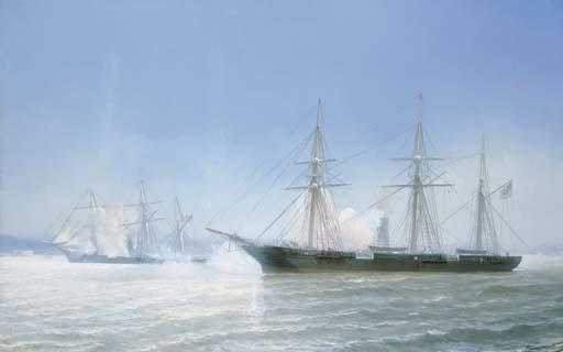 Jean-Baptiste-Henri Durand-Brager - The confederate raider Alabama in action with the U.S.S. Kearsage, 19th June 1864
