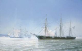 Jean-Baptiste-Henri Durand-Brager - The confederate raider Alabama in action with the U.S.S. Kearsage, 19th June 1864