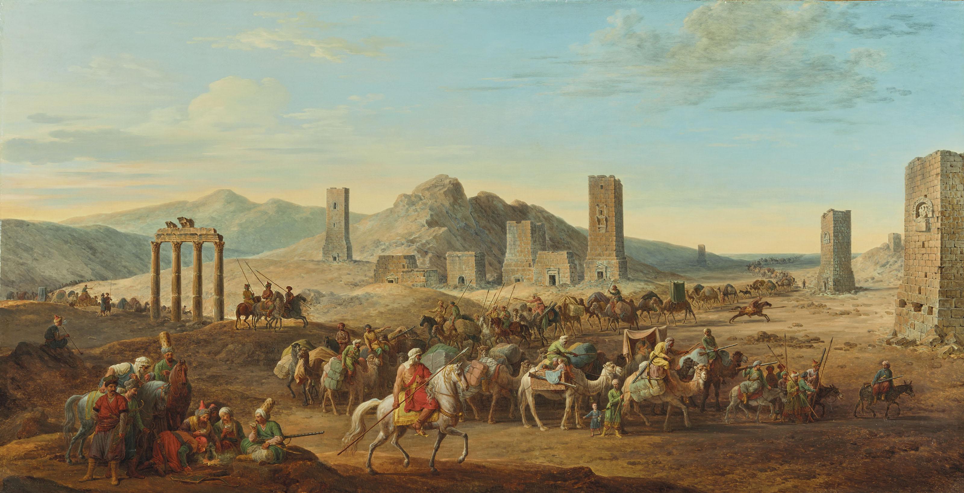 Jean-Baptiste Hilaire - A desert landscape with travellers passing through the Valley of the Tombs, Palmyra