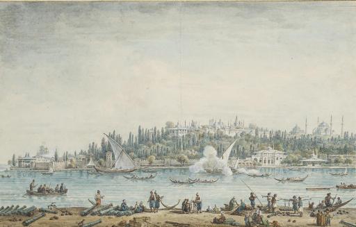 Jean-Baptiste Hilaire - Vue de Constantinople, avec la pointe du Sérail et la basilique Sainte-Sophie à l\'arrière-plan