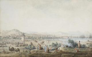 Jean-Baptiste Hilaire - Vue de la ville de Smyrne, avec des orientaux, des dromadaires et des chevaux, un moulin au premier plan