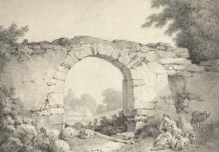 Jean-Baptiste Hüet - A Shepherdess And Her Flock Resting Near A Ruined Bridge