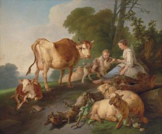 Jean-Baptiste Huet I - A shepherdess and a boy with cattle and sheep in a wooded landscape