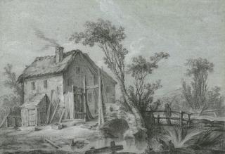 Jean-Baptiste Huet - A farmhouse and fishermen by a stream and on a wooden bridge