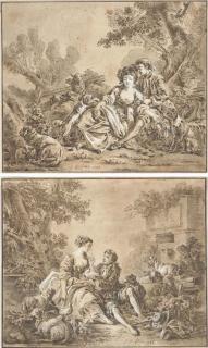 Jean-Baptiste Huet - A pair of shepherds resting by a tree; and A pair of shepherds resting by a fountain