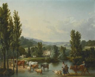 Jean-Baptiste Huet - A Shepherd And His Family With Their Livestock Fording A Stream In An Extensive Landscape