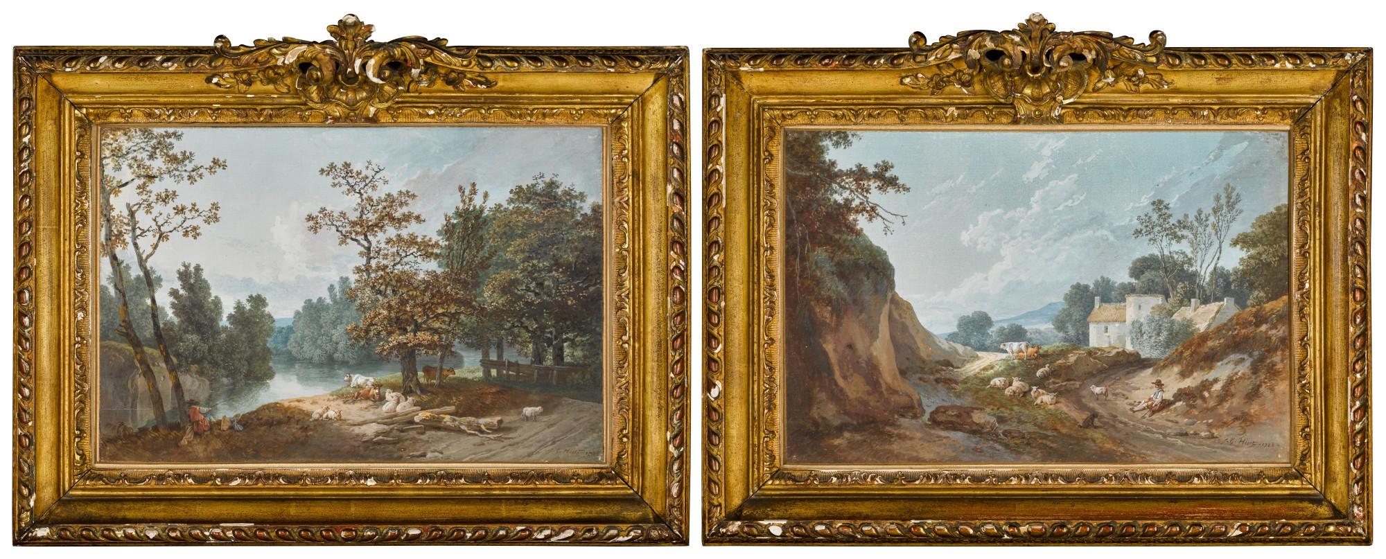 Jean Baptiste Huet - An upland landscape with a shepherd with his flock near a farm; A river landscape with a herdsman fishing