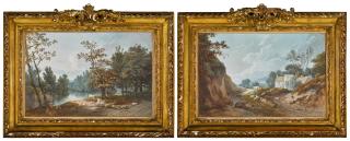 Jean Baptiste Huet - An upland landscape with a shepherd with his flock near a farm; A river landscape with a herdsman fishing