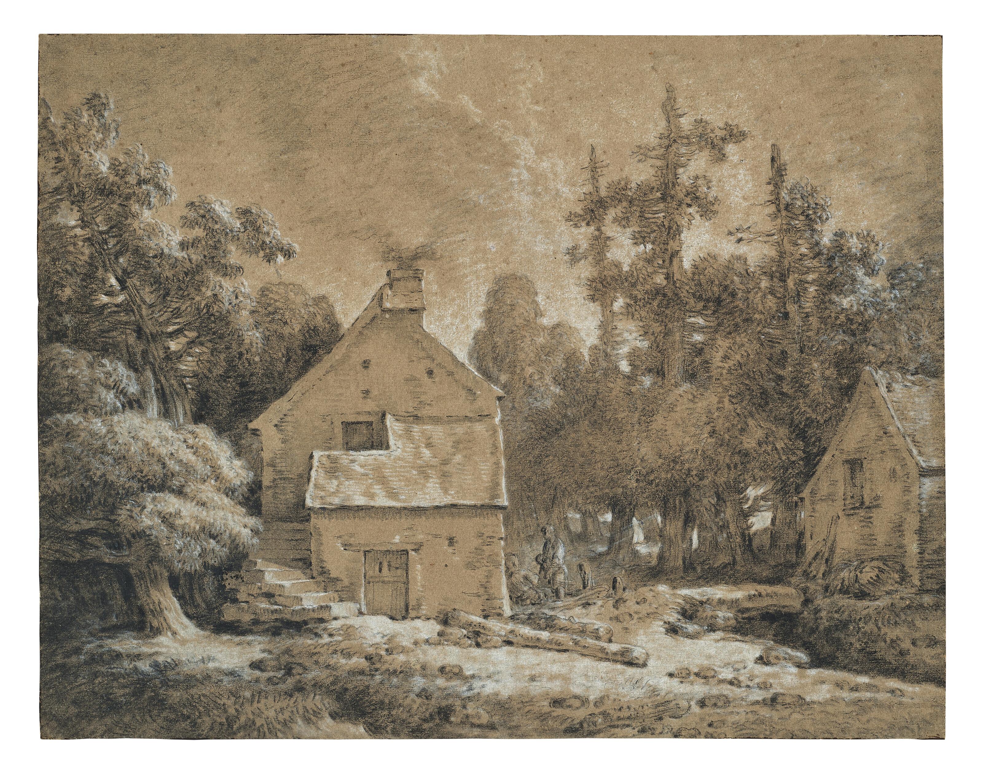 Jean-Baptiste Huet - Cottages with figures, surrounded by pines