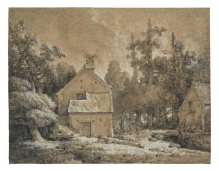 Jean-Baptiste Huet - Cottages with figures, surrounded by pines