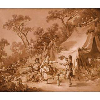 Jean-Baptiste Huet - Jeune Couple Dansant Dans Une Forêt ; Bergères Et Musicien Se Reposant Près D\'Une Fontaine